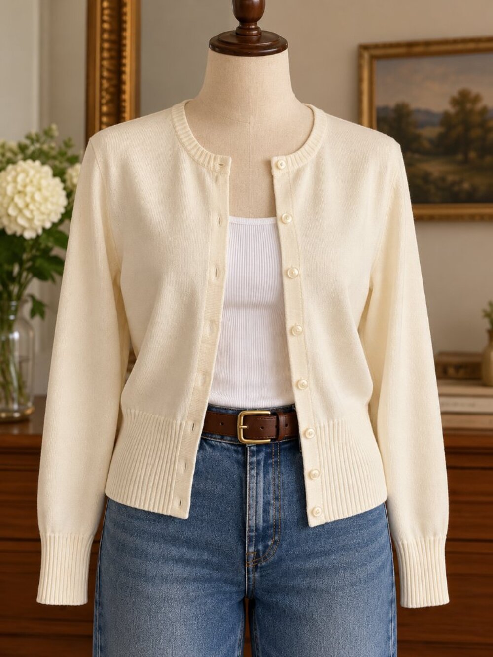 Vintage 90s Talbots 100% Egyptian Cotton Knit Button Cardigan Cream Large